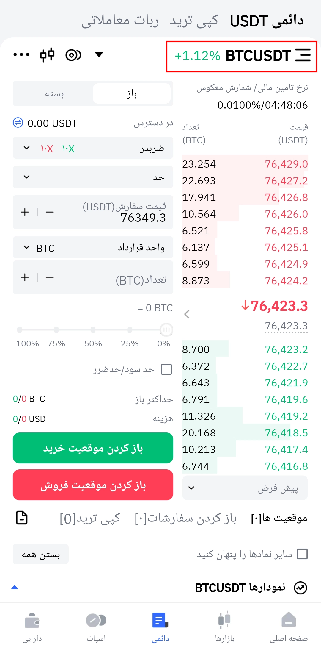 ترید فیوچرز در اپلیکیشن تپ بیت