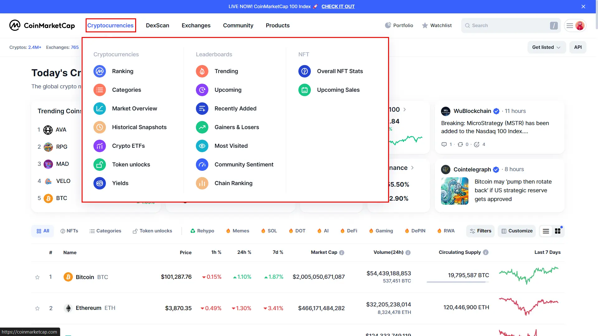 بخش Cryptocurrencies کوین مارکت کپ