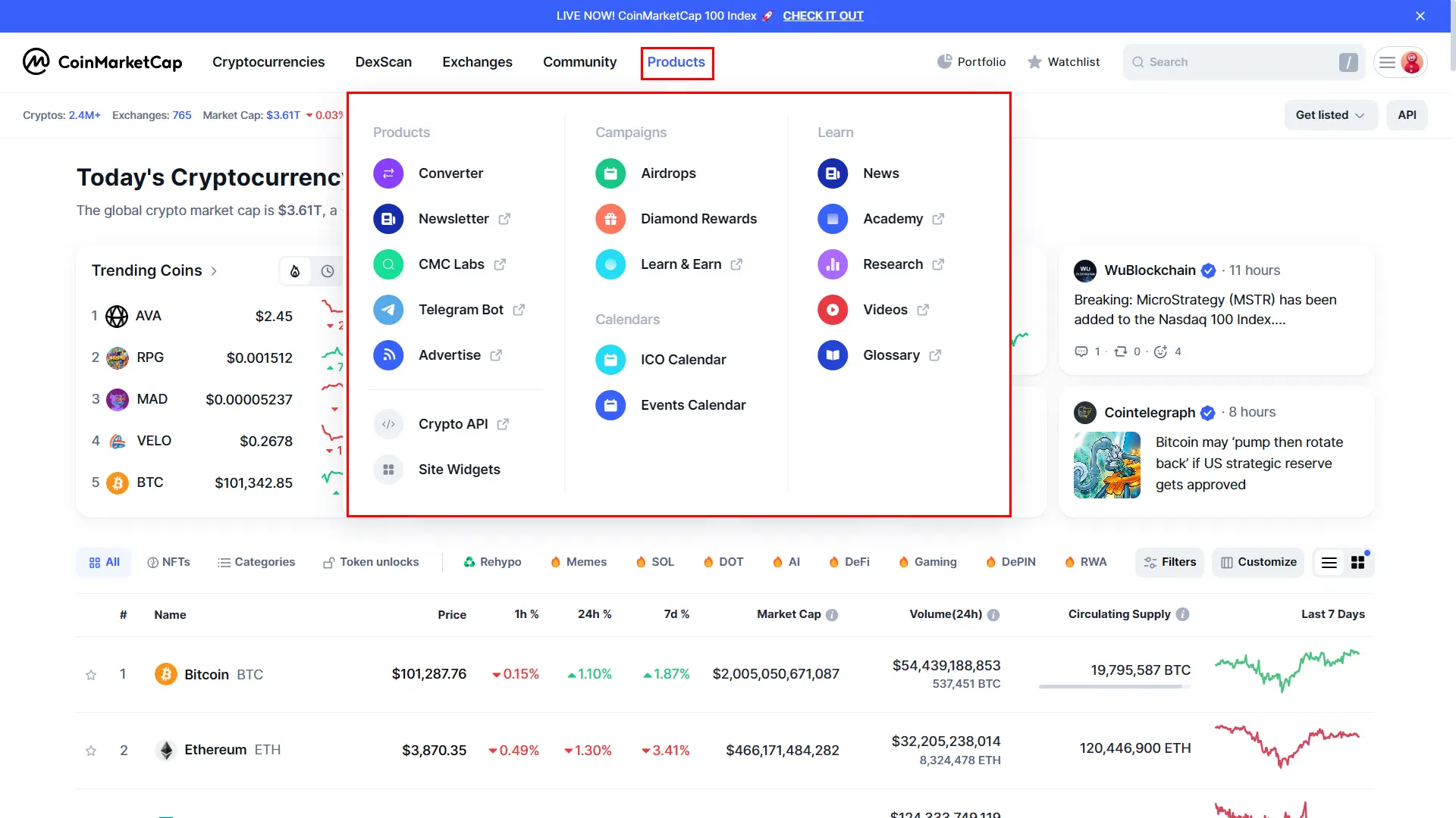 بخش محصولات در کوین مارکت کپ